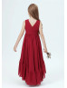 V Neck Burgundy Pleated Chiffon Junior Bridesmaid Dress